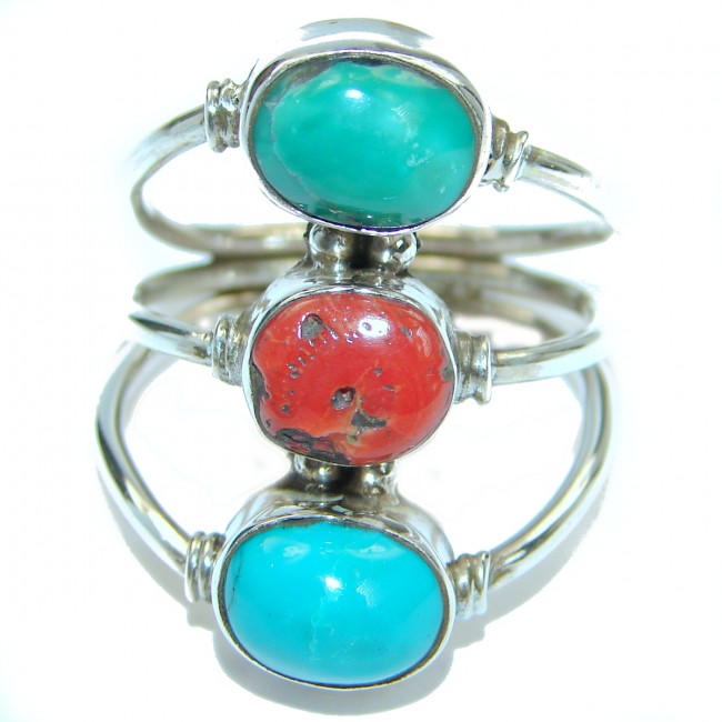 Natural Fossilized Coral Turquoise .925 Sterling Silver handmade ring s. 10