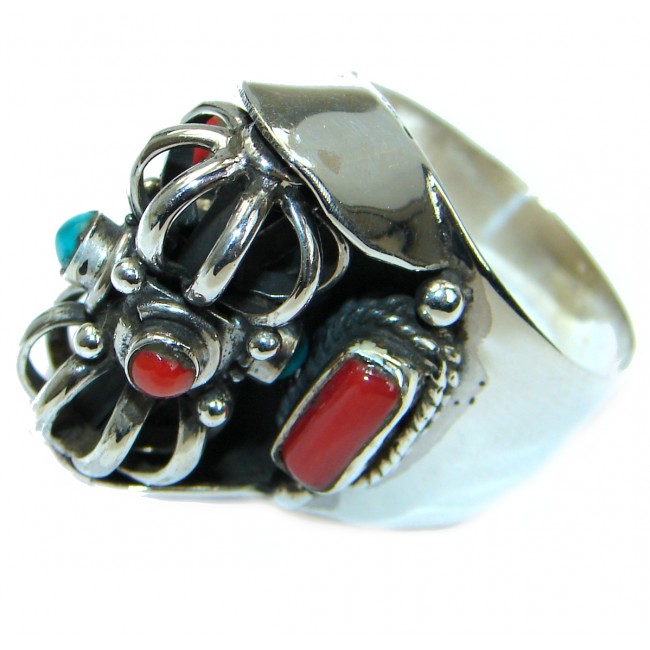 Natural Fossilized Coral Turquoise .925 Sterling Silver handmade ring s. 9