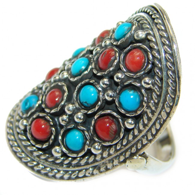Natural Fossilized Coral Turquoise .925 Sterling Silver handmade ring s. 8 3/4
