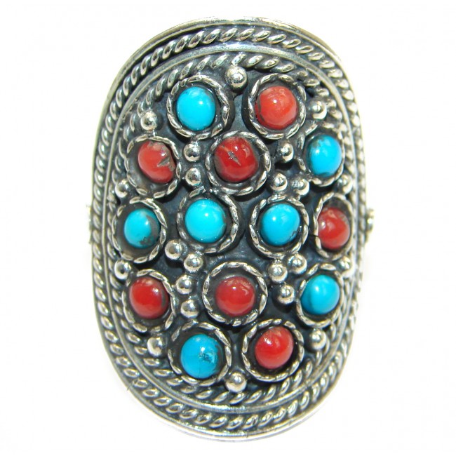Natural Fossilized Coral Turquoise .925 Sterling Silver handmade ring s. 8 3/4