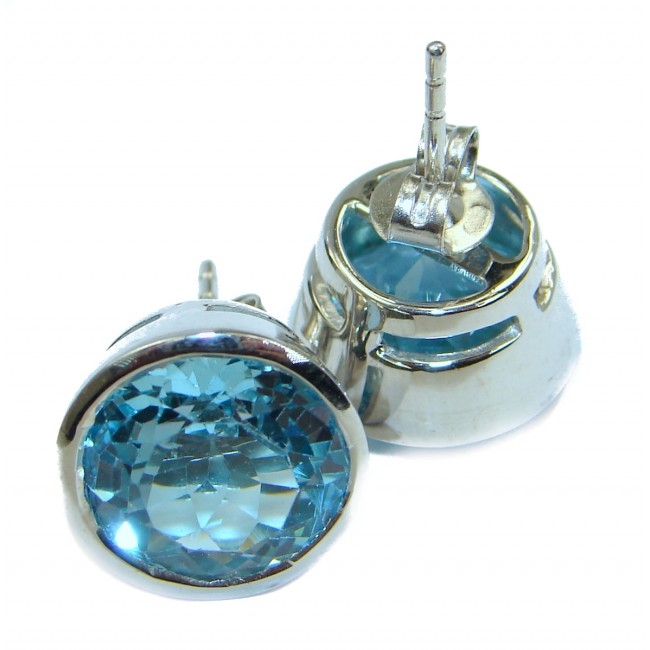 Deluxe genuine Swiss Blue Topaz 13 mm .925 Sterling Silver stud earrings