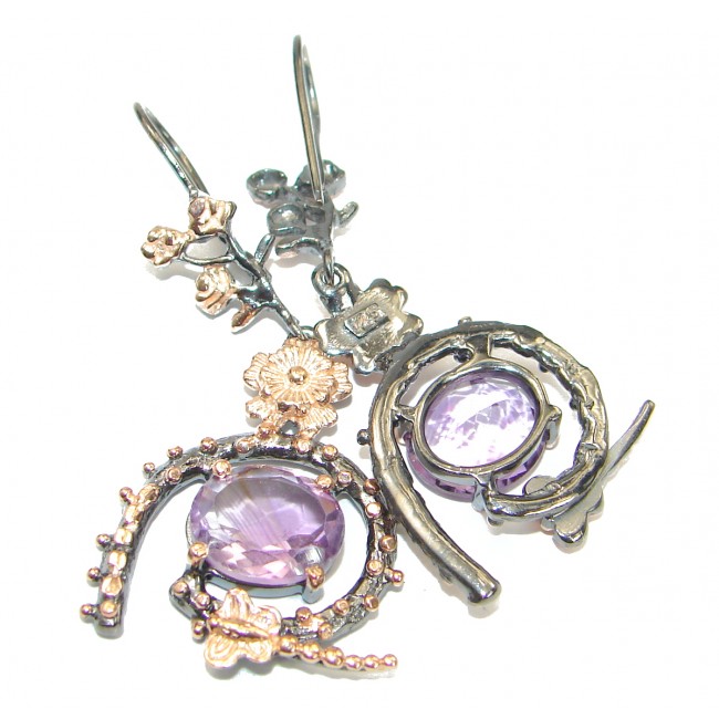 Vintage Design Authentic Amethyst Gold Rhodium over .925 Sterling Silver handmade earrings