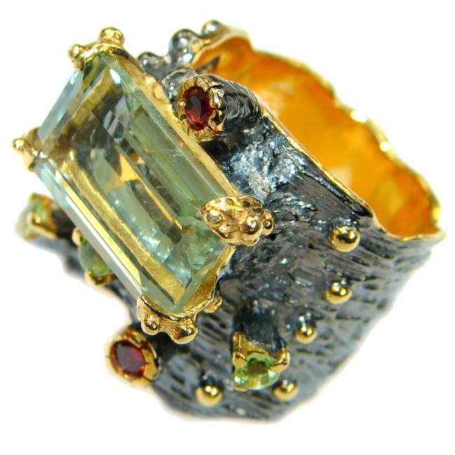 Natural Green Amethyst Gold over .925 Sterling Silver handmade Cocktail Ring s. 8 3/4