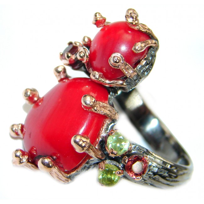 Natural Fossilized Coral two tones .925 Sterling Silver handmade ring s. 8