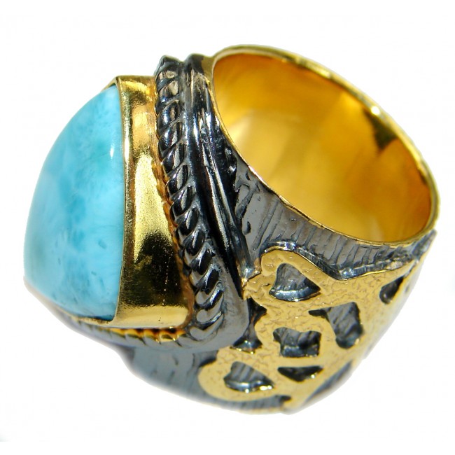 Treasure Blue Larimar two tones .925 Sterling Silver handmade ring s. 7 1/4