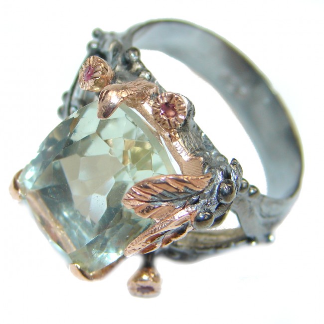 Natural Green Amethyst Gold over .925 Sterling Silver handmade Cocktail Ring s. 8 1/4