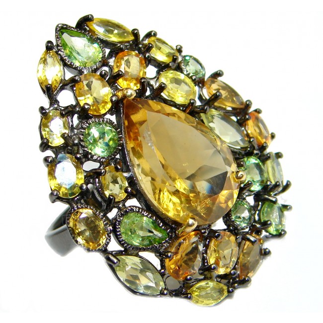 Majestic Authentic Citrine Peridot Black Rhodium over .925 Sterling Silver handmade Statement Ring s. 8