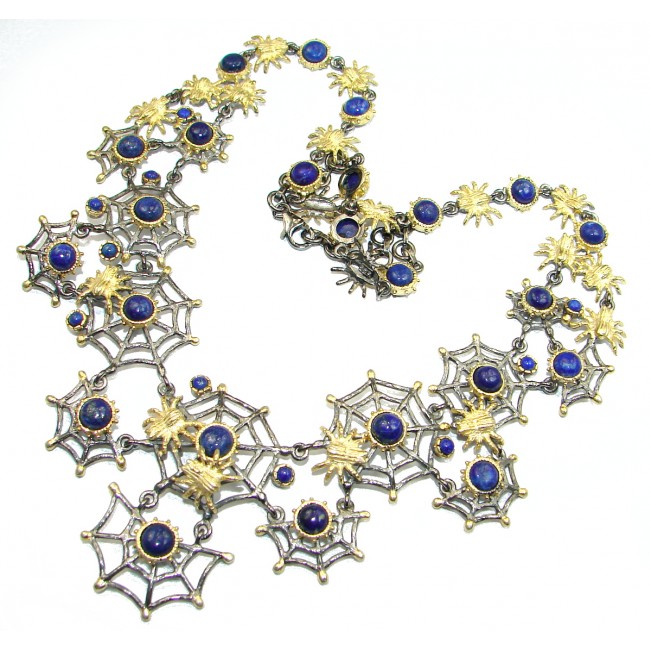 Huge Spider's Web genuine Lapis Lazuli 18 ct Gold Rhodium over .925 Sterling Silver handcrafted necklace