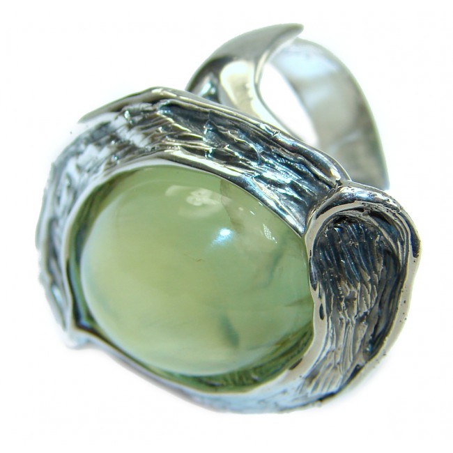 Natural Moss Prehnite oxidized .925 Sterling Silver handmade ring s. 8 adjustable