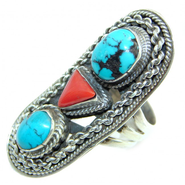 Natural Fossilized Coral Turquoise .925 Sterling Silver handmade ring s. 8