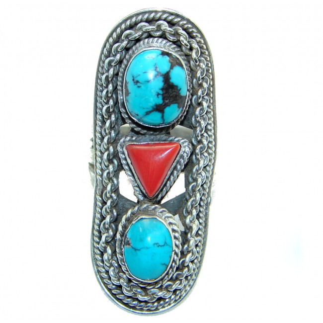 Natural Fossilized Coral Turquoise .925 Sterling Silver handmade ring s. 8
