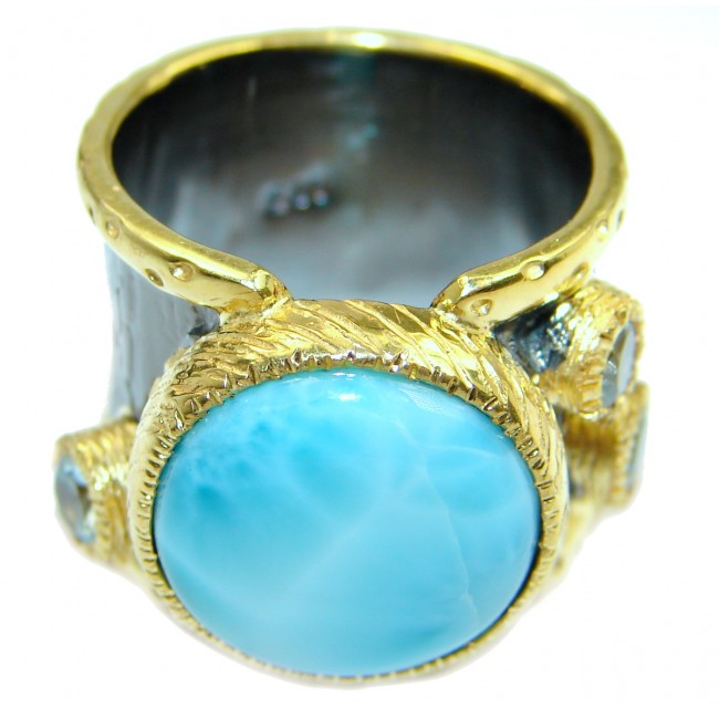 Treasure Blue Larimar two tones .925 Sterling Silver handmade ring s. 8 1/4