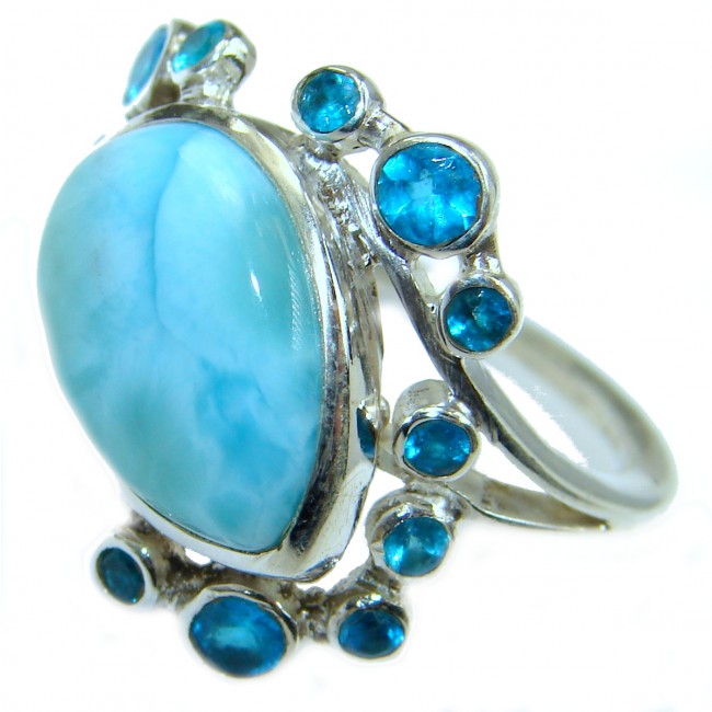 Natural Larimar Swiss Blue Topaz .925 Sterling Silver handcrafted Ring s. 7 1/2