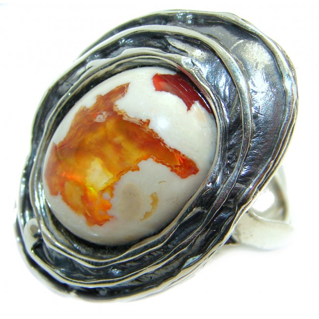 Oramge Power Precious Mexican Opal .925 Sterling Silver handmade ring s. 7 adjustable