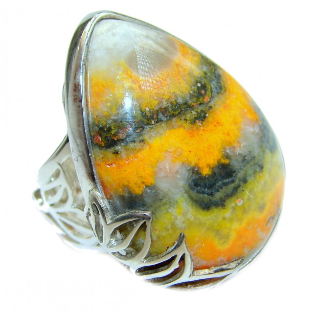 Vivid Beauty Yellow Bumble Bee oxidized .925 Jasper Sterling Silver ring s. 8 adjustable