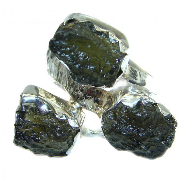 Large genuine Green Moldavite .925 Sterling Silver Ring size 8