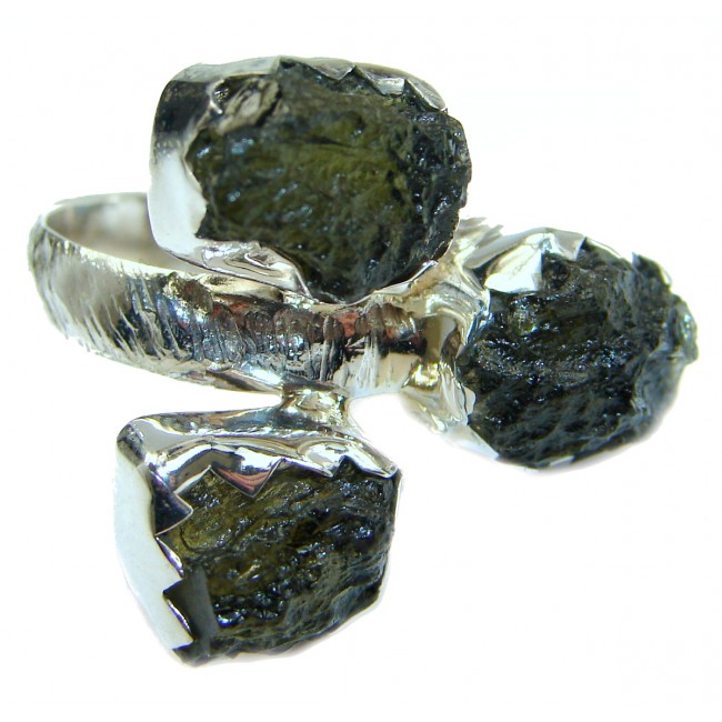 Large genuine Green Moldavite .925 Sterling Silver Ring size 8