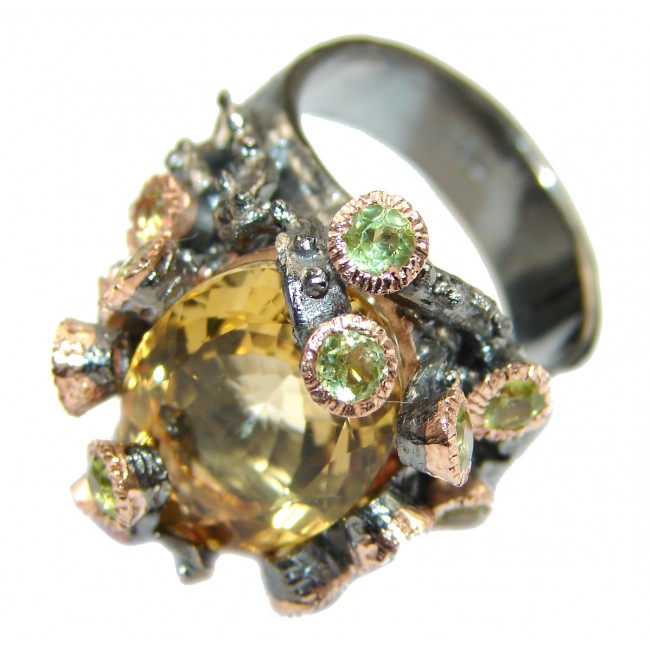 Majestic Authentic Citrine Peridot Black Rhodium over .925 Sterling Silver handmade Statement Ring s. 8