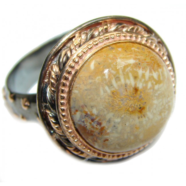 Natural Fossilized Coral two tones .925 Sterling Silver handmade ring s. 7 adjustable