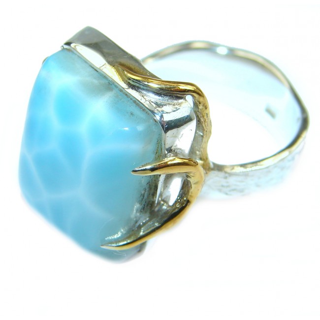 Blue Treasure Larimar two tones .925 Sterling Silver handmade ring s. 8 1/4