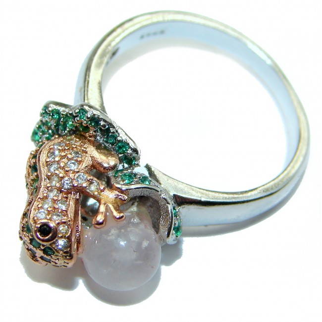 Frog genuine Rose Quartz .925 Sterling Silver handmadel Ring s. 8