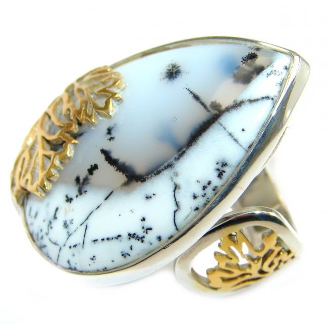 Top Quality Dendritic Agate two tones .925 Sterling Silver hancrafted Ring s. 7 adjustable