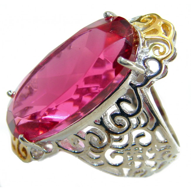 Exotic Pink Raspberry Topaz two tones .925 Sterling Silver handcrafted Ring s. 7 1/4