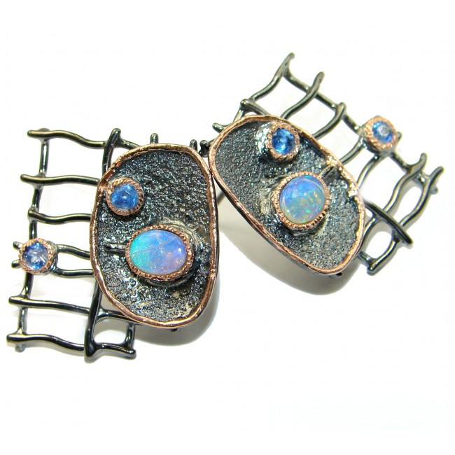 Modern Design genuine Opal Gold Rhodium over .925 Sterling Silver handmade earrings