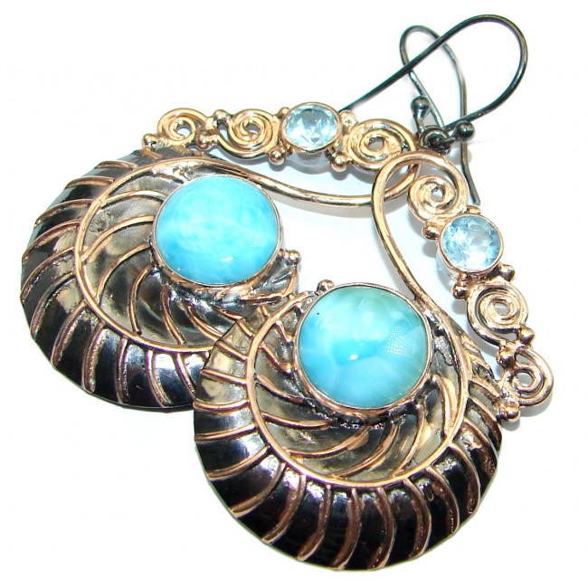Vintage Design genuine Blue Larimar 18k Gold over .925 Sterling Silver handmade earrings
