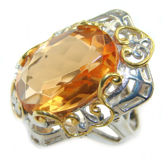Golden color Quartz Topaz two tones .925 Sterling Silver handcrafted Ring s. 6 1/4