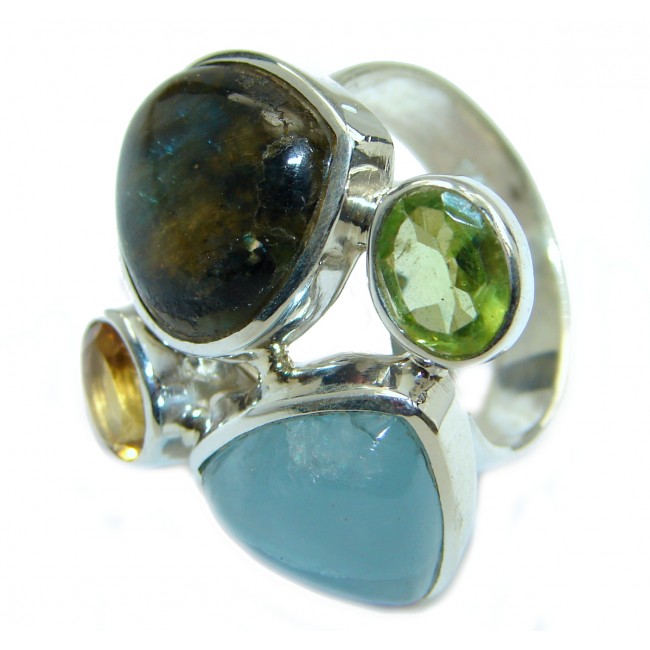 Fantastic Colorful Multistone .925 Sterling Silver Ring s. 7 adjustable
