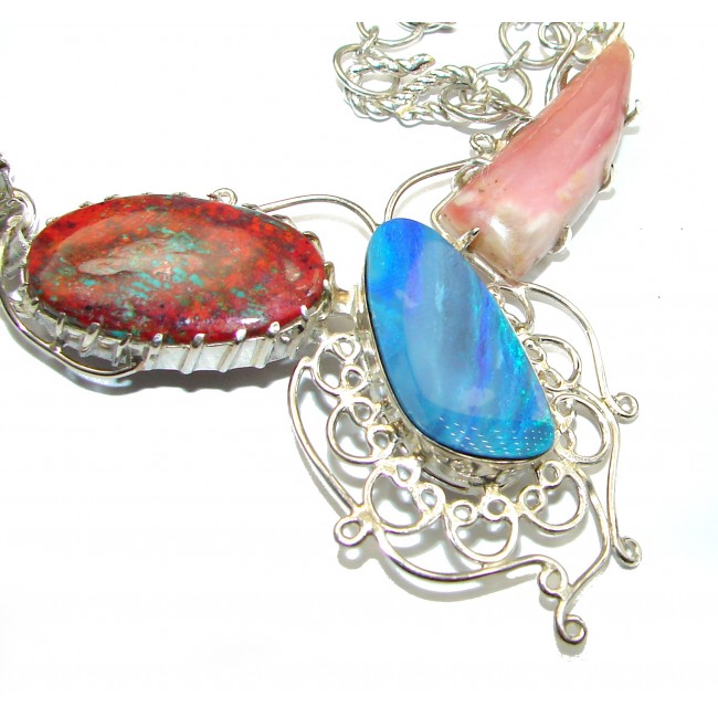 Big Fashion Design Genuine Opal .925 Sterling Silver handcrafted necklace