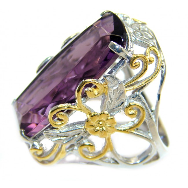 Exotic Purple Quartz two tones .925 Sterling Silver handcrafted Ring s. 5 3/4