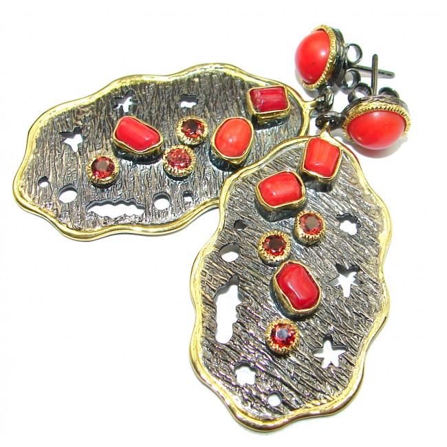 Bohemian Style Genuine Red Fossilized Coral .925 Sterling Silver handmade earrings