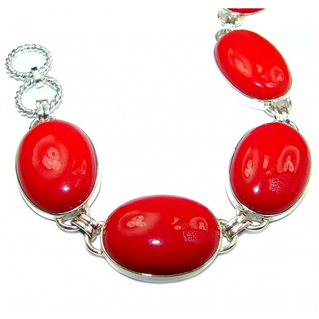 Huge Precious Red Fossilized Coral .925 Sterling Silver handcrafted Bracelet