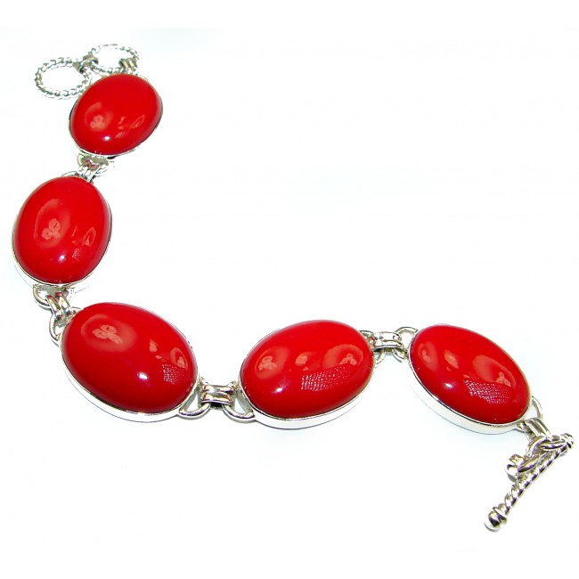 Huge Precious Red Fossilized Coral .925 Sterling Silver handcrafted Bracelet
