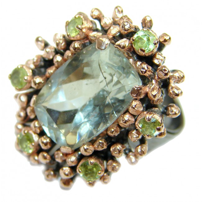Natural Green Amethyst Gold over .925 Sterling Silver handmade Cocktail Ring s. 8 adjustable