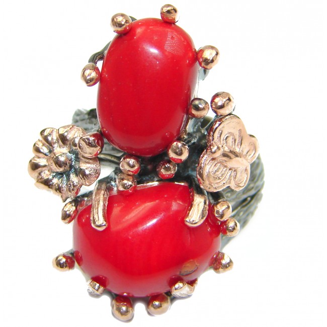 Natural Fossilized Coral 14K Gold over .925 Sterling Silver handmade ring s. 7 adjustable