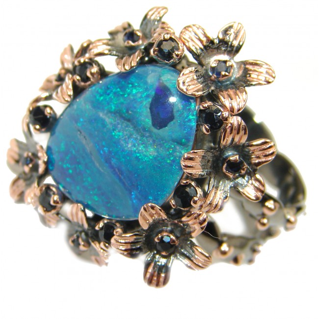 Doublet Opal oxidized 14K Gold over .925 Sterling Silver handcrafted ring size 7 adjustable