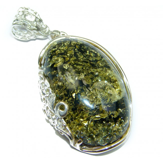 Natural Baltic Green Amber .925 Sterling Silver handmade Pendant