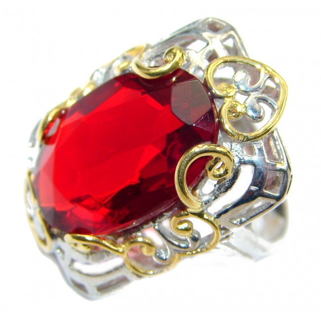 Ruby color Quartz Topaz two tones .925 Sterling Silver handcrafted Ring s. 7 1/2