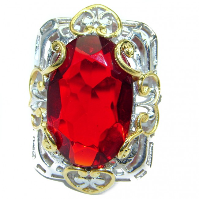Ruby color Quartz Topaz two tones .925 Sterling Silver handcrafted Ring s. 7 1/2