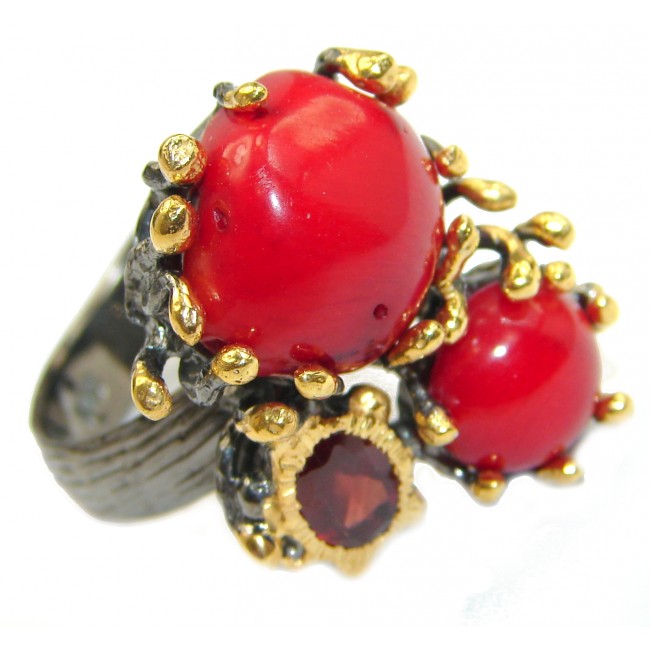 Natural Fossilized Coral 14K Gold over .925 Sterling Silver handmade ring s. 8 adjustable