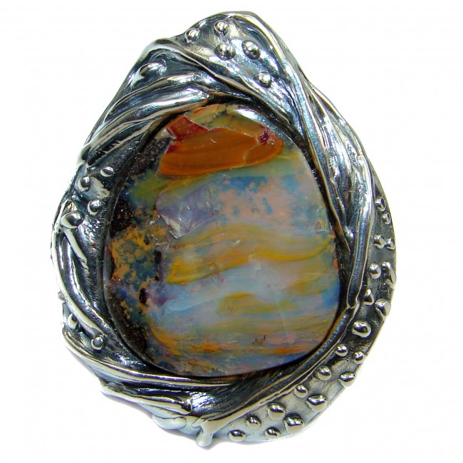 Huge Australian Boulder Opal .925 Sterling Silver handcrafted ring size 8 adjustable