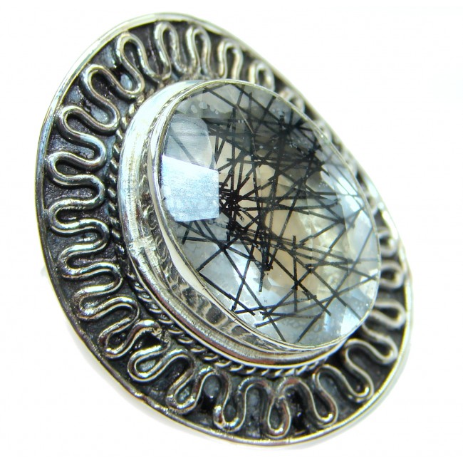 Mysterious Tourmalinated Quartz Sterling Silver handmad ring s. 8
