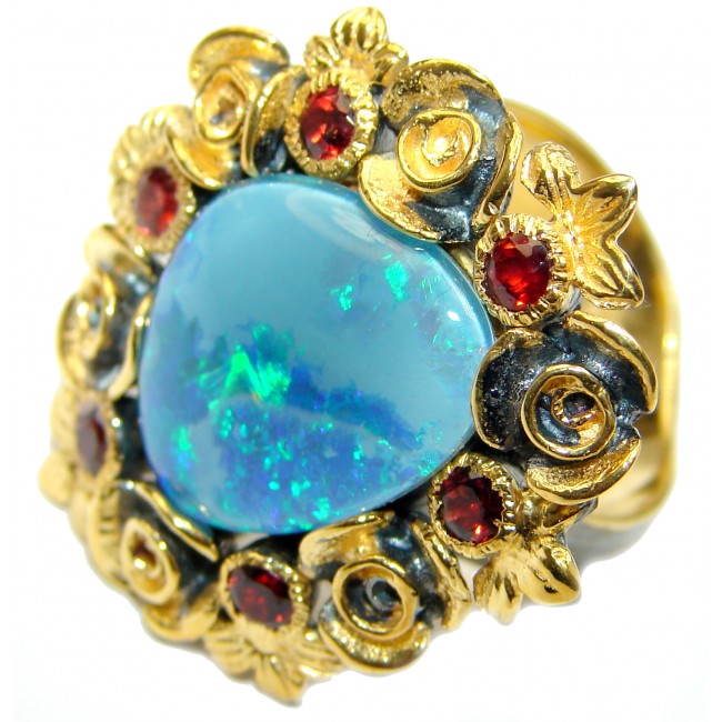 Doublet Opal oxidized 14K Gold over .925 Sterling Silver handcrafted ring size 7 adjustable