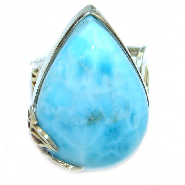 Natural Larimar two tones .925 Sterling Silver handcrafted Ring s. 8 adjustable