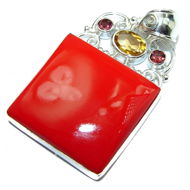 Red Fossilized Coral Garnet .925 Sterling Silver handmade pendant