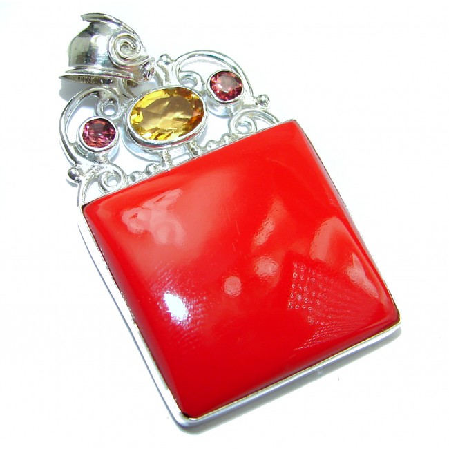 Red Fossilized Coral Garnet .925 Sterling Silver handmade pendant