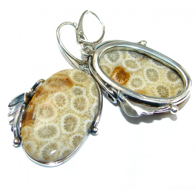 Huge Boho Style Genuine Fossilized Coral .925 Sterling Silver handmade earrings